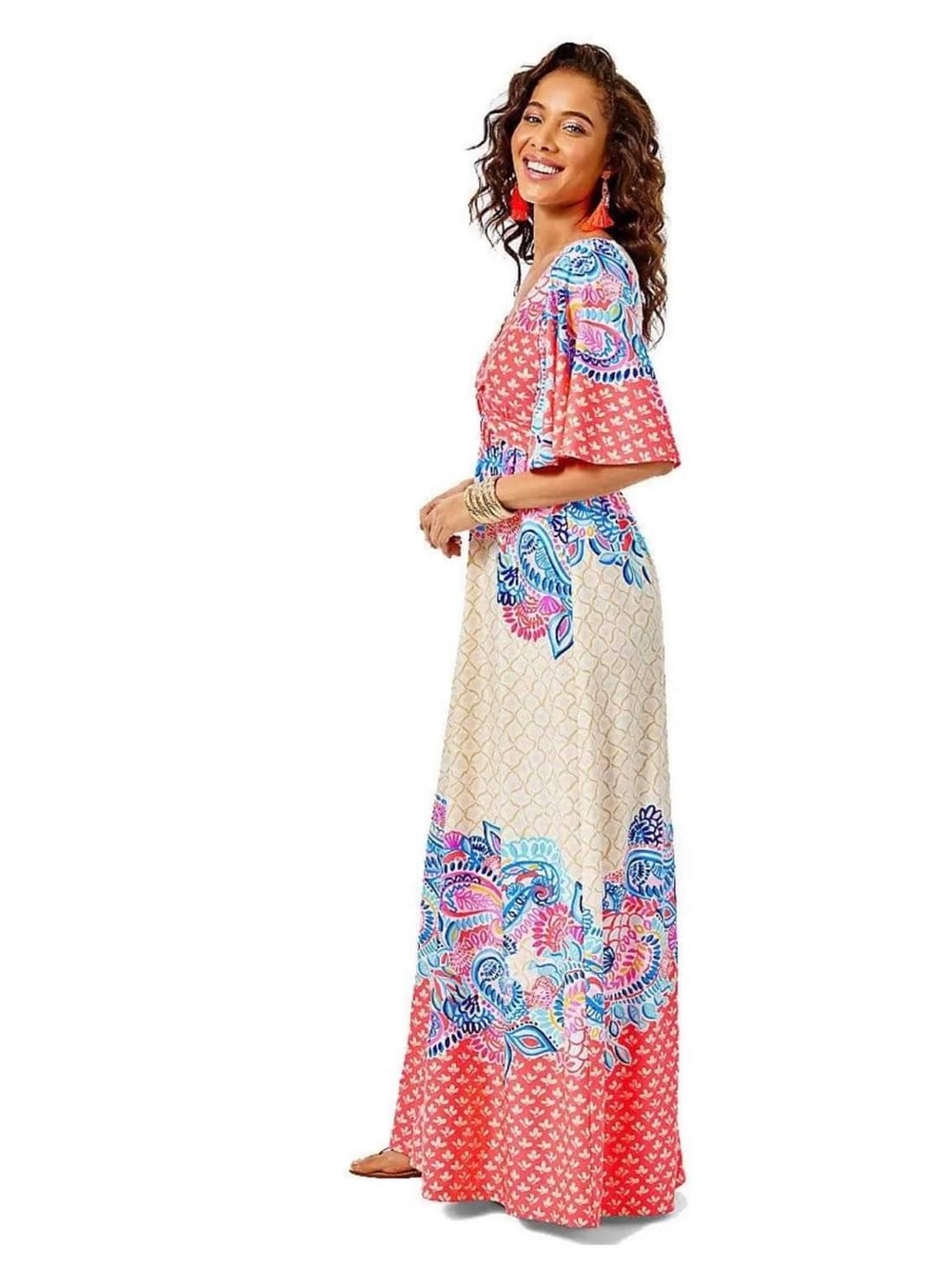 Lilly Pulitzer Minka Maxi Dress in the "Coral Spritz Beach Bungalow" Sz 14 - Picture 2 of 13